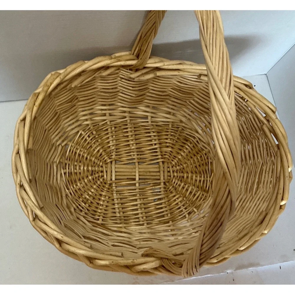 Vintage Wicker Basket Oval Woven Wood Handle Large Natural Farmhouse